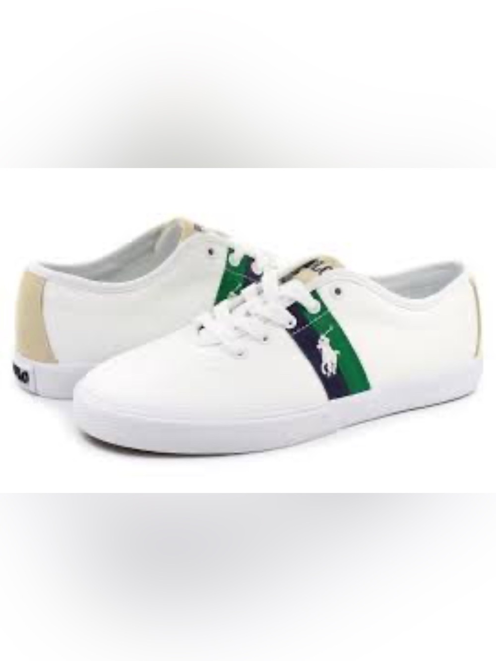 Polo by Ralph Lauren White Low-Top Sneakers Green & Navy Stripe Large Pony Logo